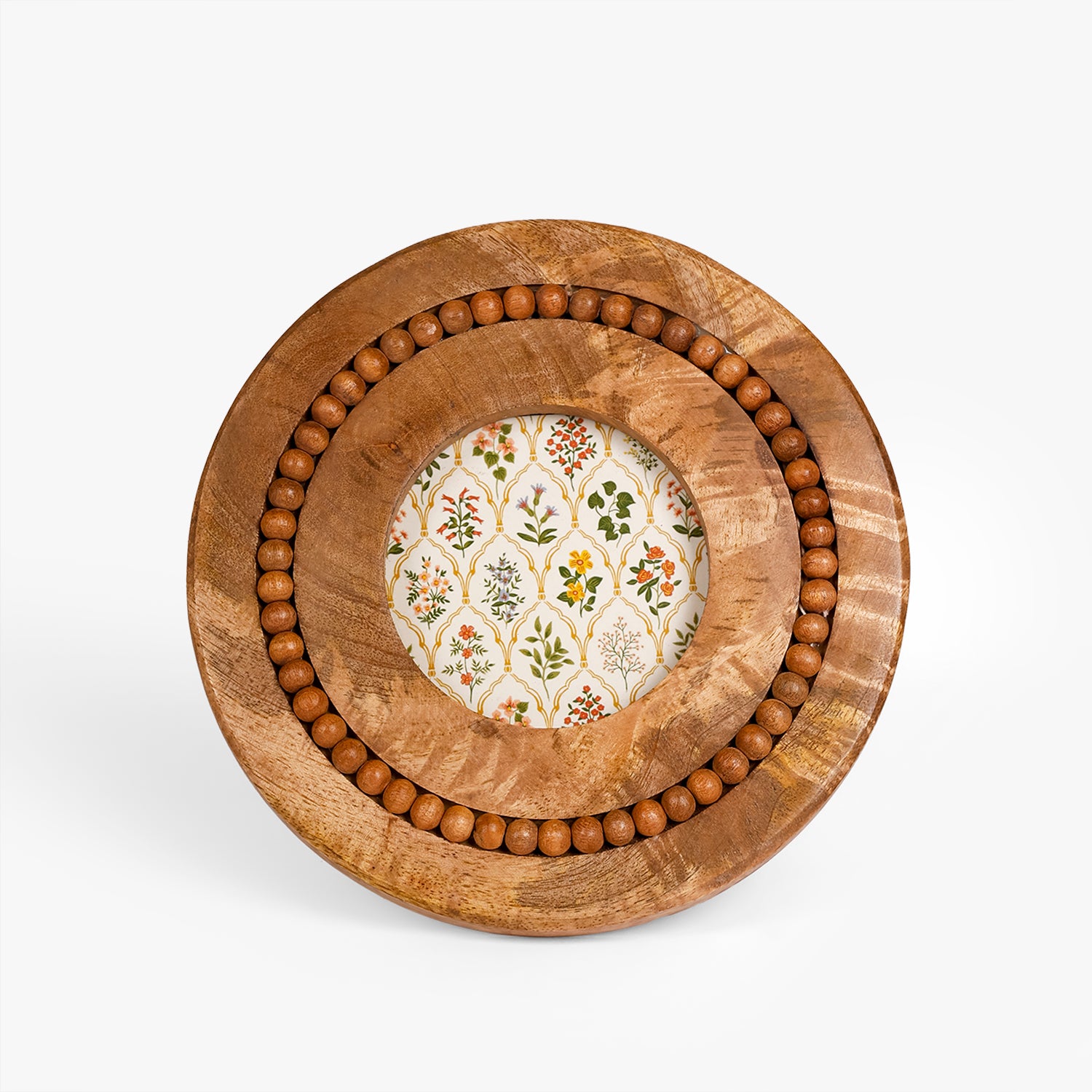 Round Wooden Photo Frame with Beaded Detail for Table Decor and Shelf Styling