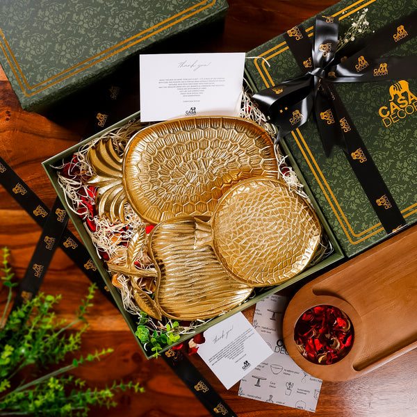 Set of 3 Fruit-Shaped Gold Aluminium Platters – Apple, Orange & Pineapple Gift Box Set