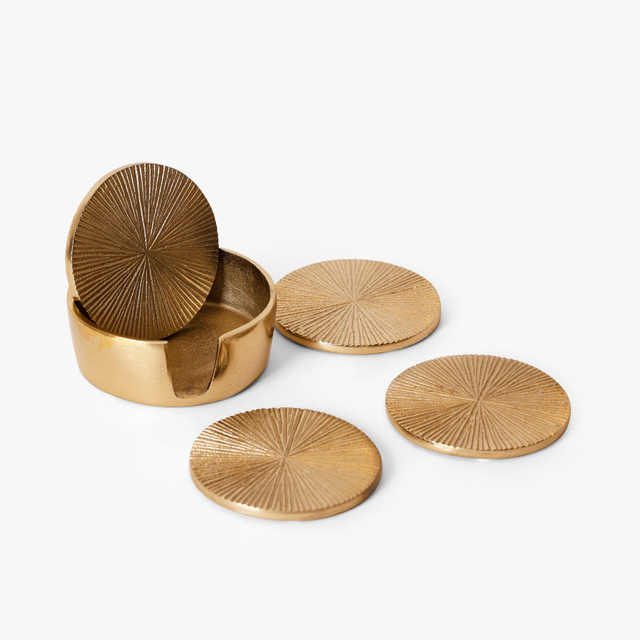 Gold Aluminium Coaster Set of 4 with Holder | Sunburst Metal Coasters for Tea & Coffee
