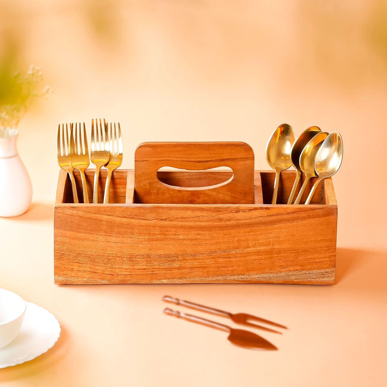 Wood Cutlery Organizer Caddy | 3 Section Utensil Holder for Dining Table & Kitchen Counter