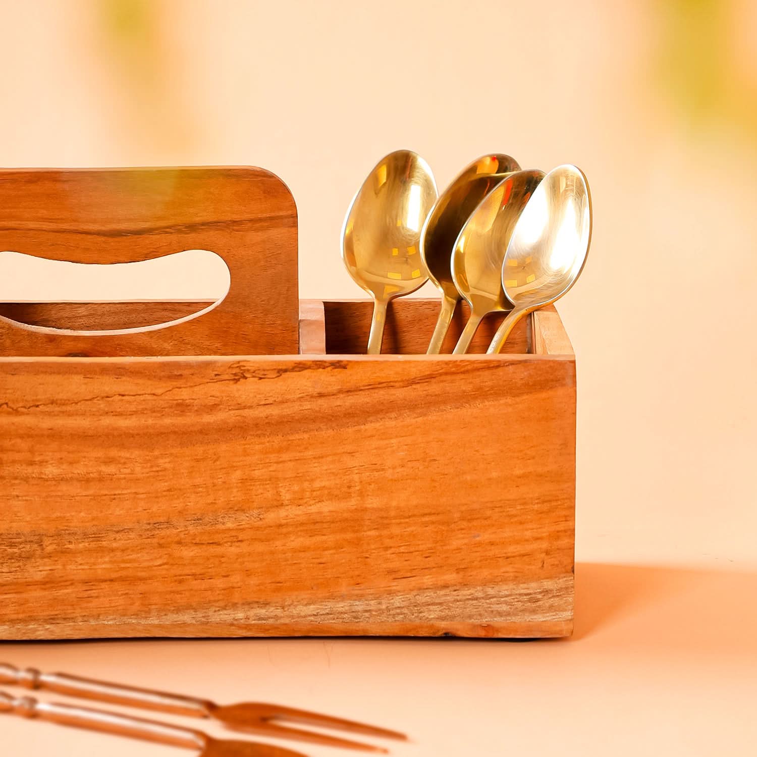 Wood Cutlery Organizer Caddy | 3 Section Utensil Holder for Dining Table & Kitchen Counter