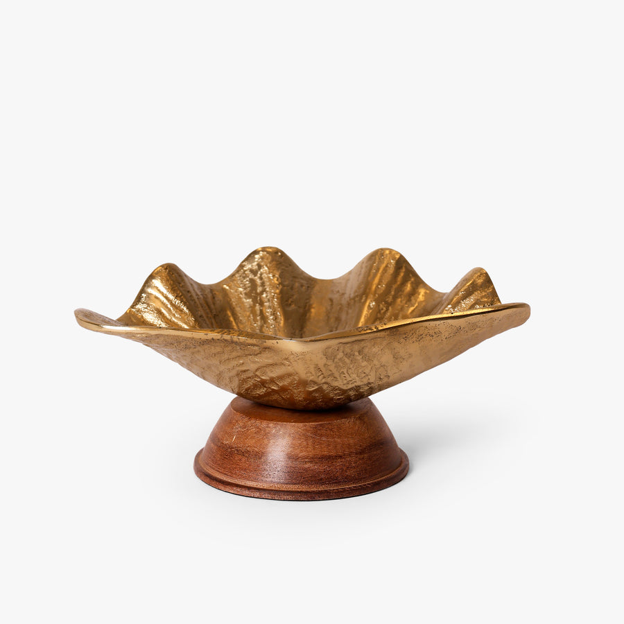 Gold Aluminium Decorative Bowl with Wooden Pedestal Base for Tabletop