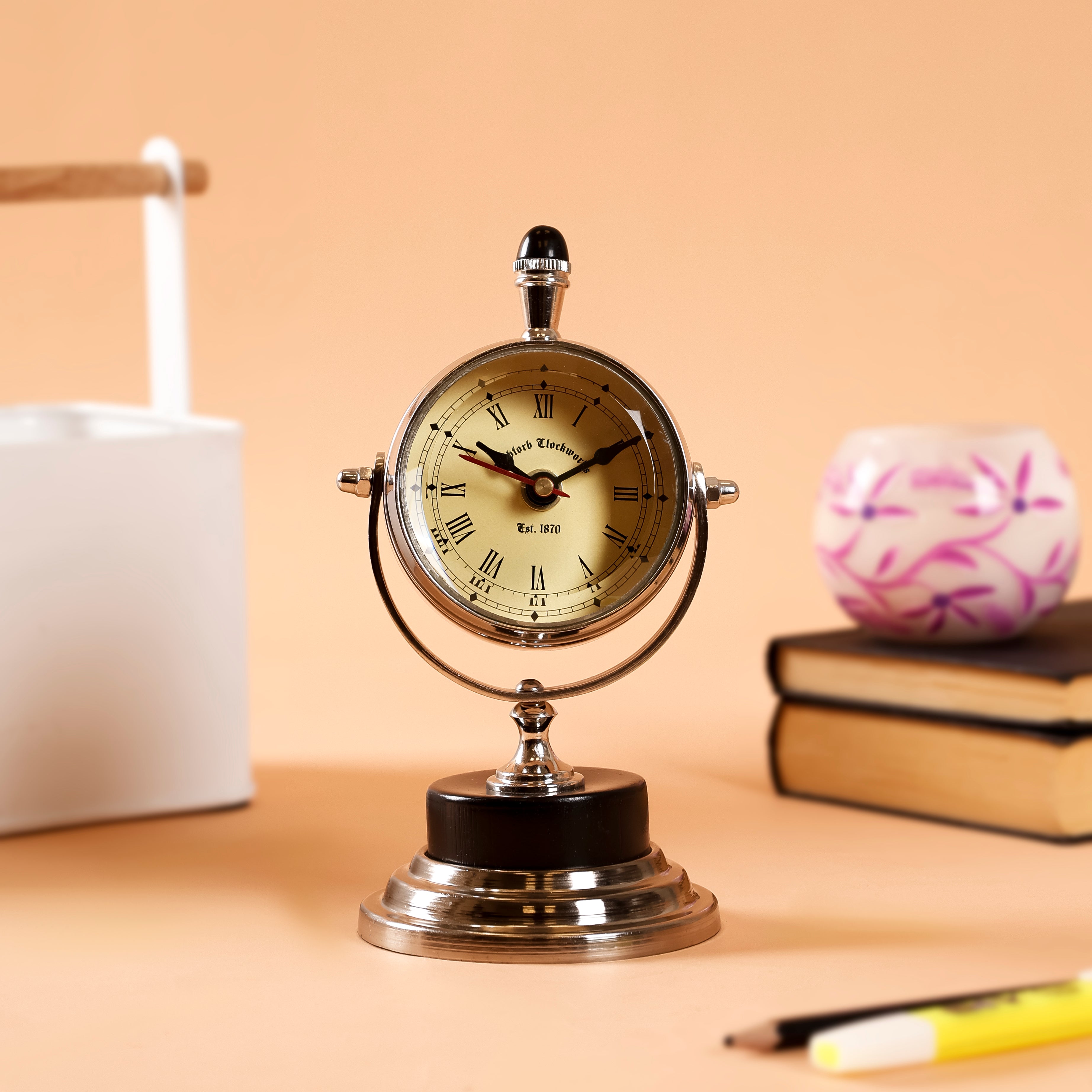 Vintage Table Clock with Black Base, 3 Dia x 7.5 H Inch, Classic Desk Clock for Tabletop
