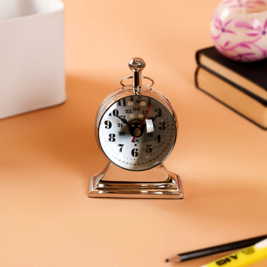 Silver Table Clock, 3 Dia x 5 H Inch, Vintage Desk Clock for Tabletop