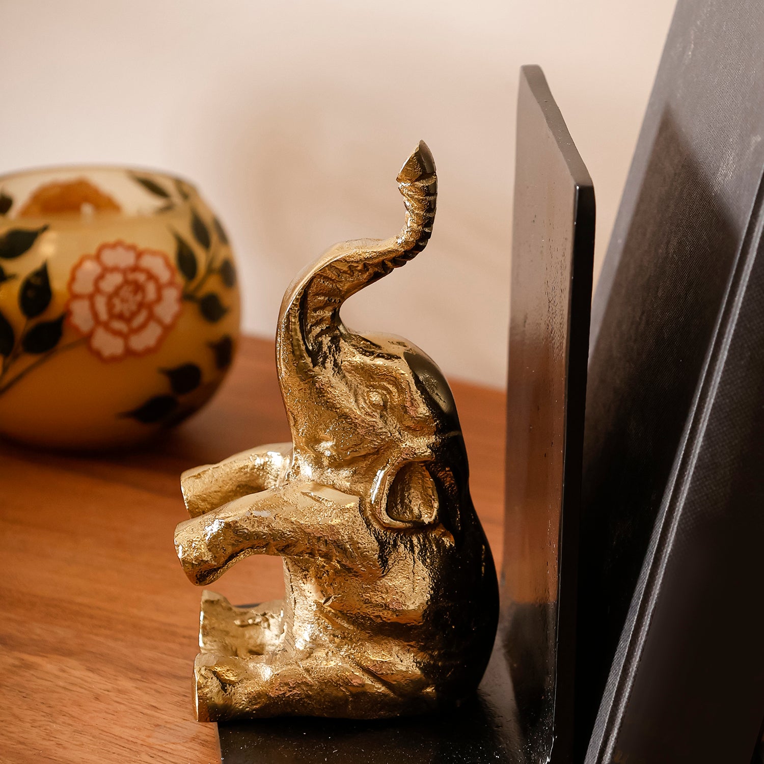 Gold Elephant Bookend Set with Black Metal Base for Bookshelf, Study Table