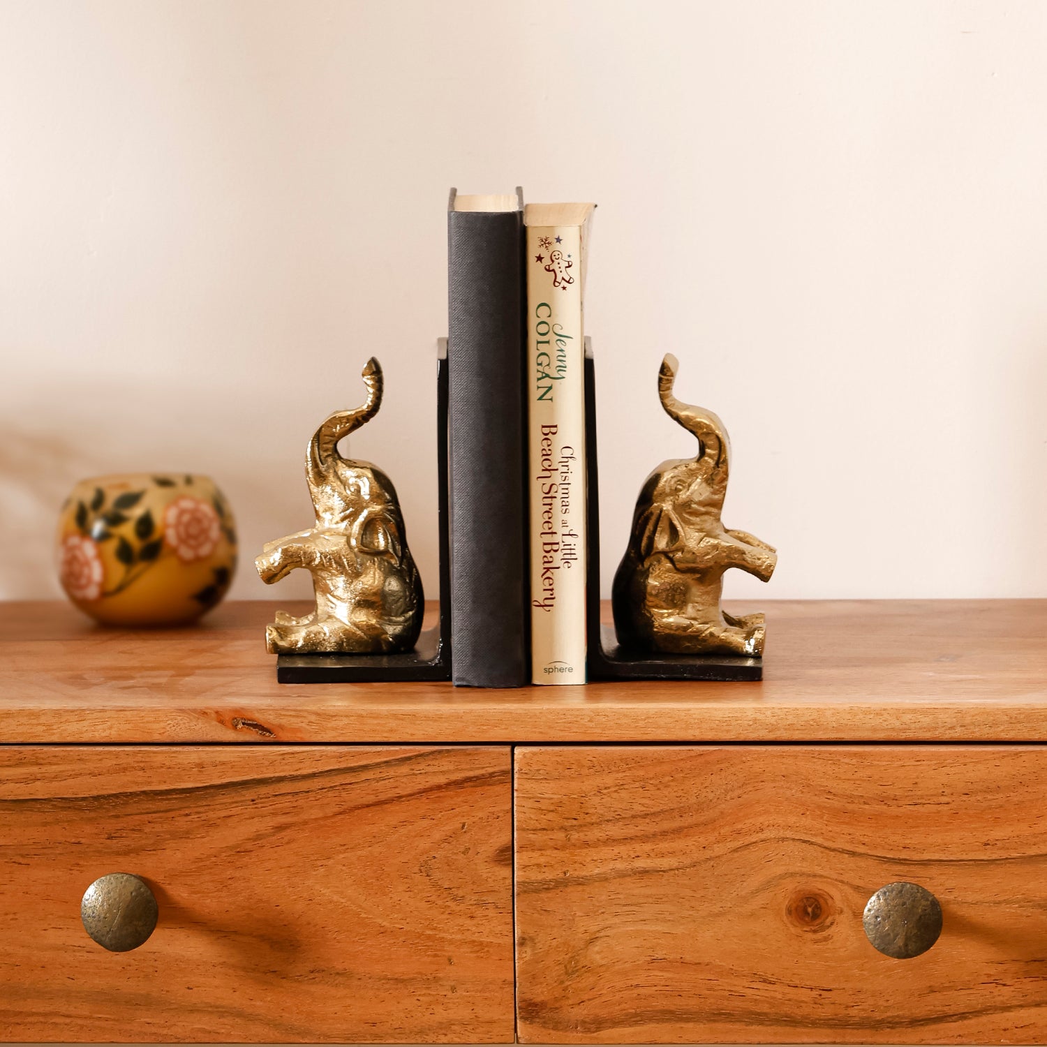 Gold Elephant Bookend Set with Black Metal Base for Bookshelf, Study Table