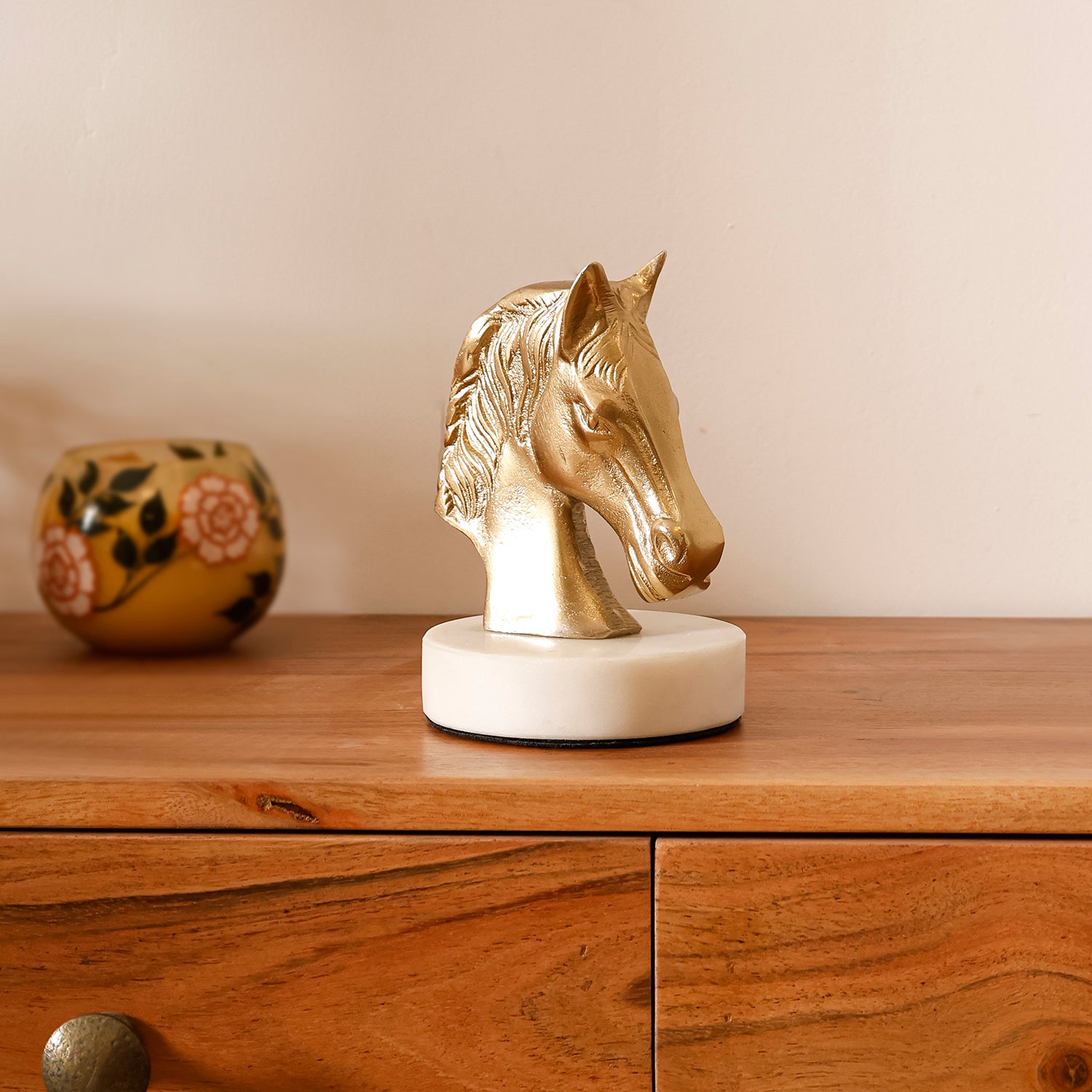 Gold Aluminium Horse Head Figurine with White Marble Base for Tabletop