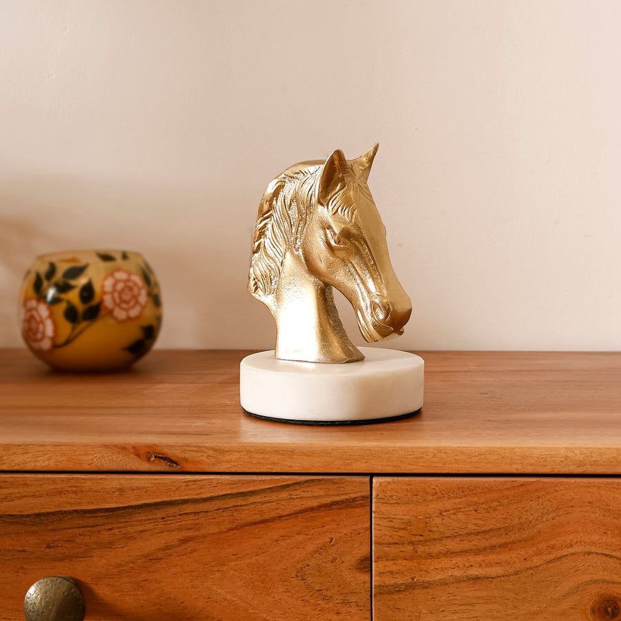 Gold Aluminium Horse Head Figurine with White Marble Base for Tabletop