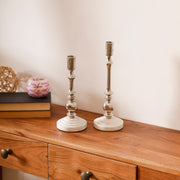 Silver Candle Holder Set of 2 with White Marble Base for Tabletop