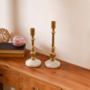 Gold Candle Holder Set of 2 with White Marble Base for Tabletop