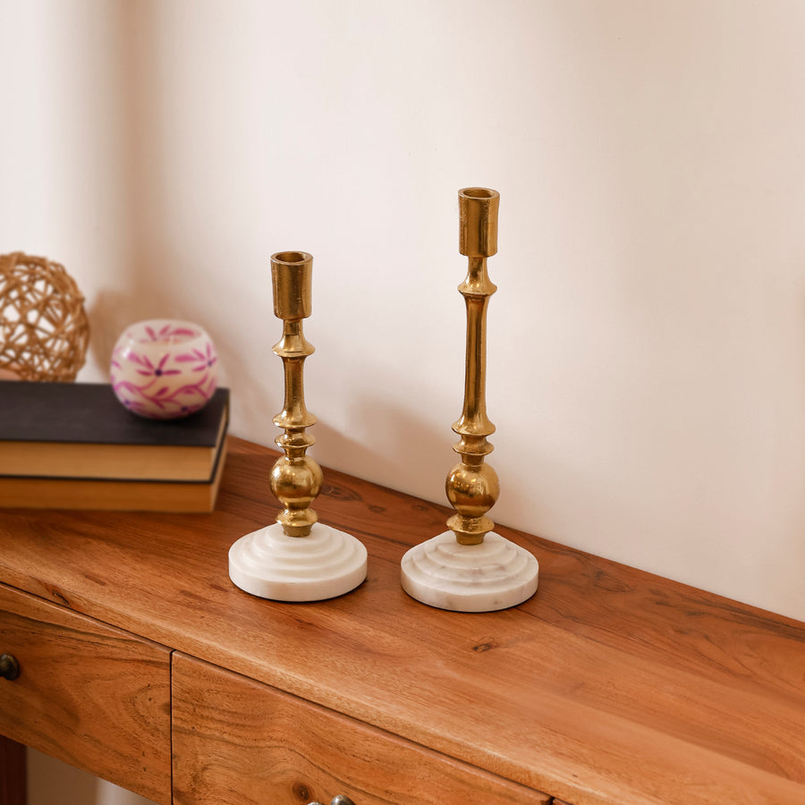 Gold Candle Holder Set of 2 with White Marble Base for Tabletop