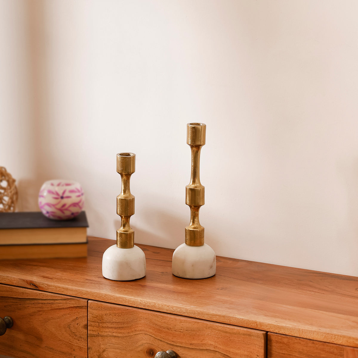 Golden Candle Holder Set of 2 with White Marble Base for Tabletop