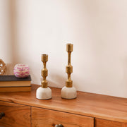 Golden Candle Holder Set of 2 with White Marble Base for Tabletop