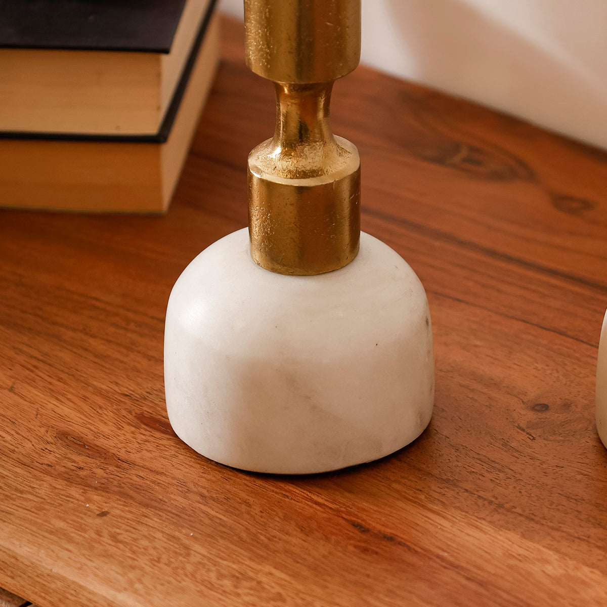 Golden Candle Holder Set of 2 with White Marble Base for Tabletop