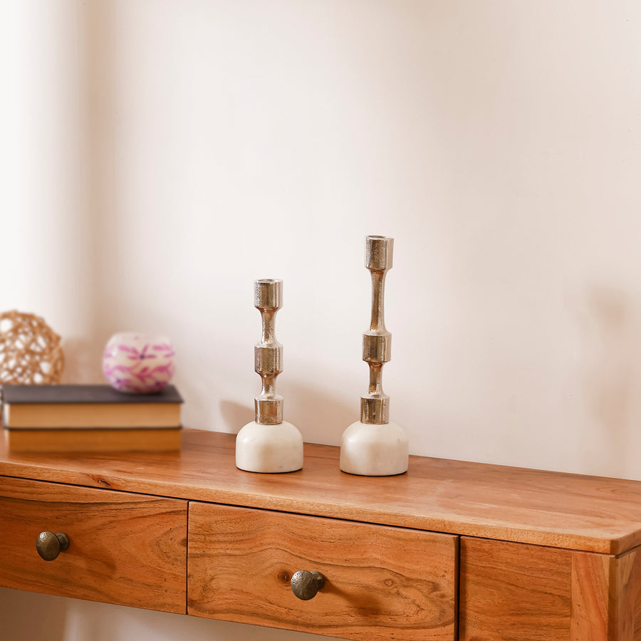 Gold Candle Holder Set of 2 with White Marble Base for Tabletop