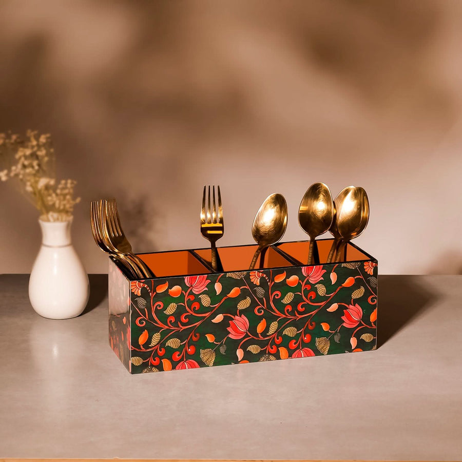 Kalamkari Cutlery Caddy – Wooden Table Organizer for Dining & Kitchen