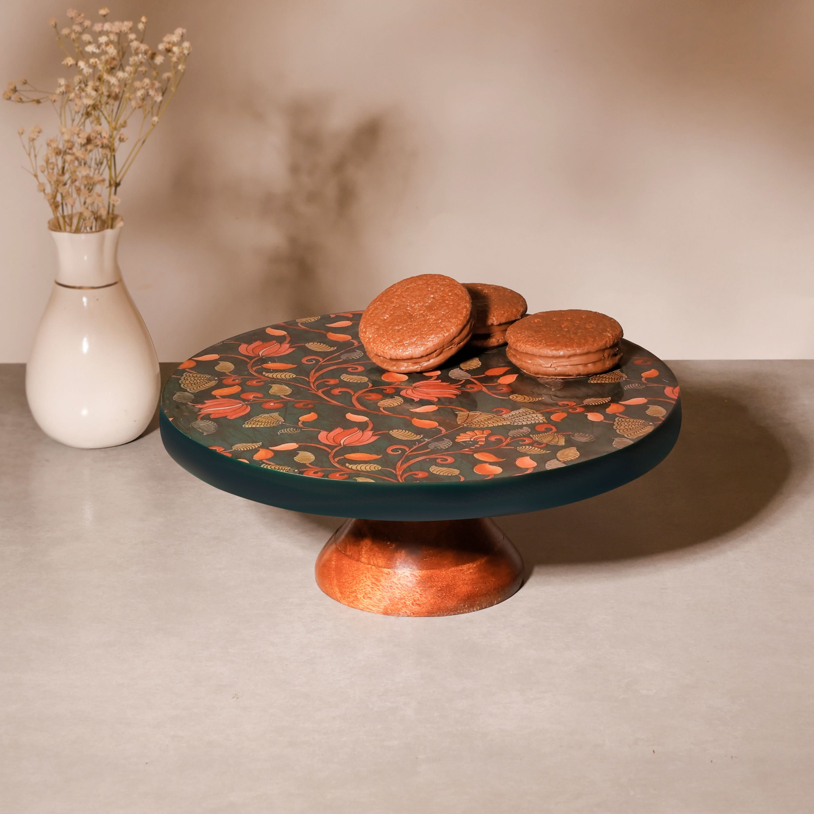 Kalamkari Cake Stand – Wooden Pedestal Dessert & Serving Stand