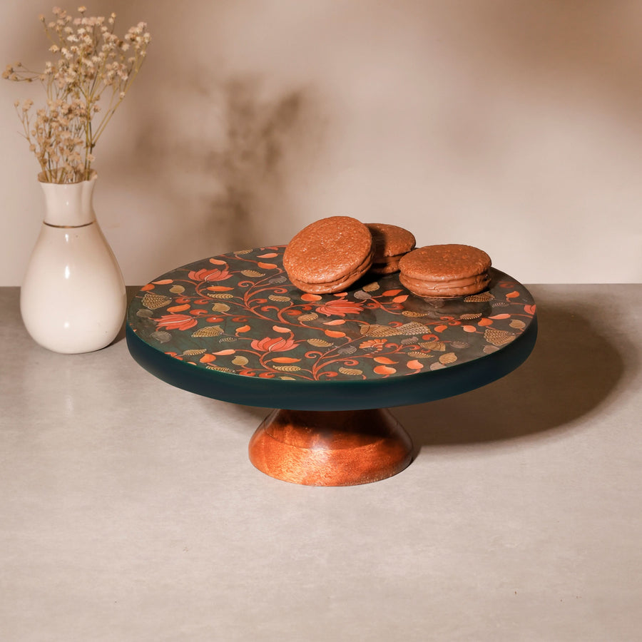 Kalamkari Cake Stand – Wooden Pedestal Dessert & Serving Stand