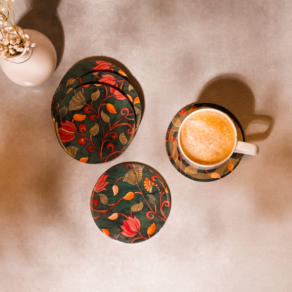 Kalamkari Round Wooden Drink Coasters for Coffee & Dining Table - (Set of 4)