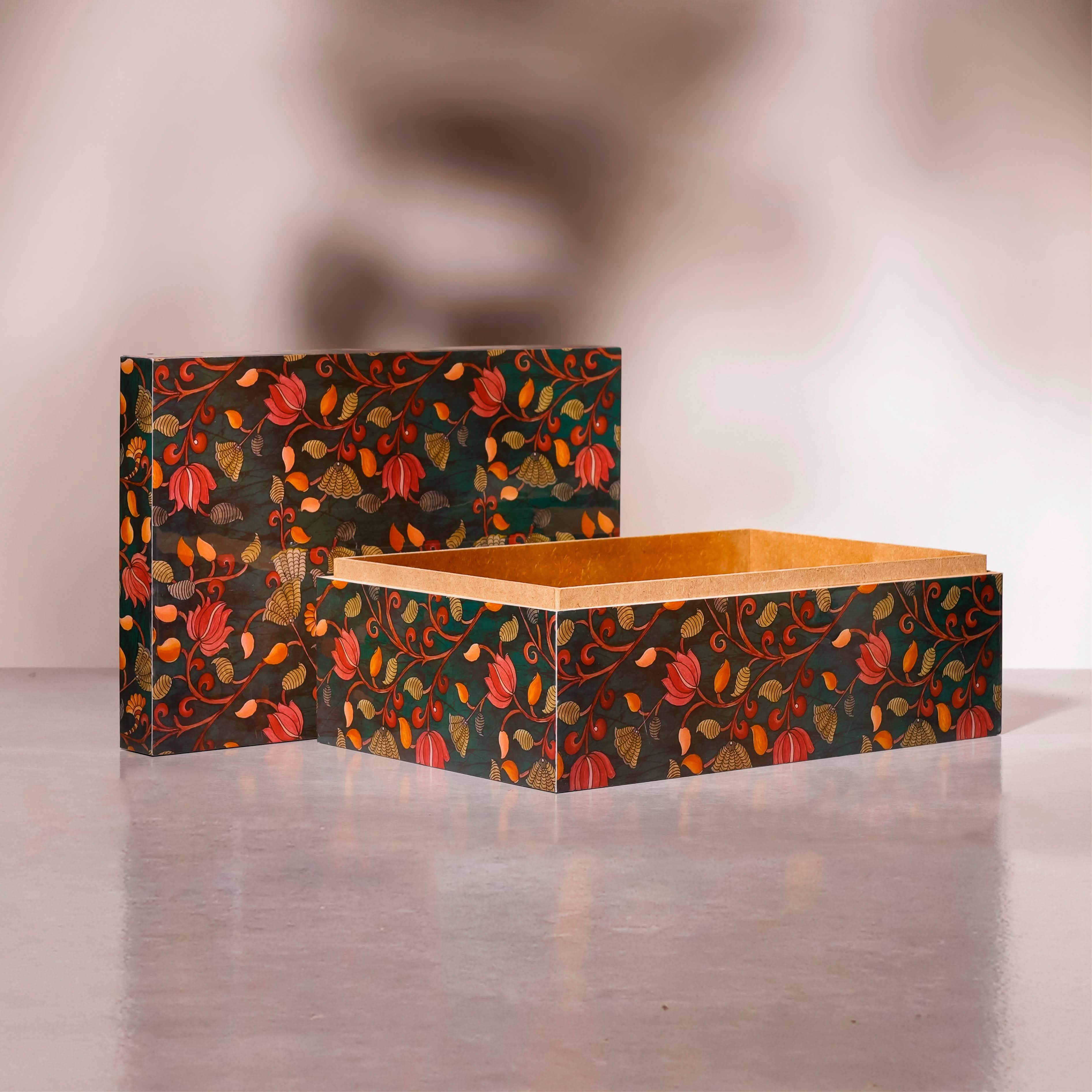 Kalamkari Storage Boxes – Decorative Wooden Organiser with Lids