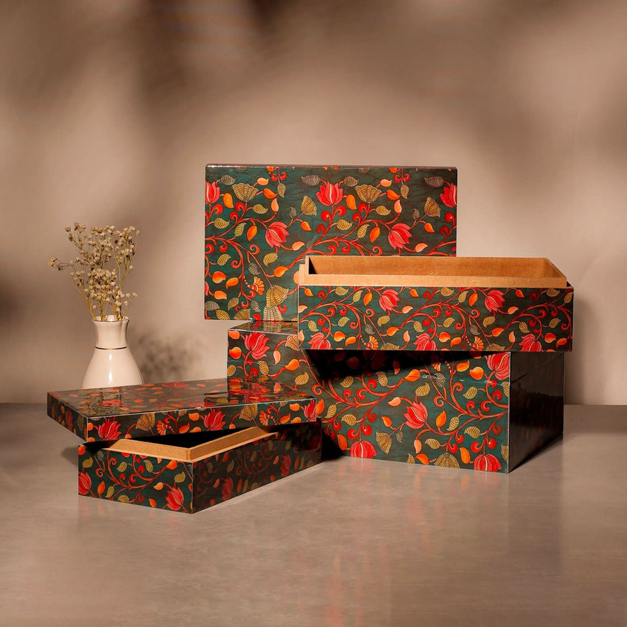Kalamkari Storage Boxes – Decorative Wooden Organiser with Lids Set of 3