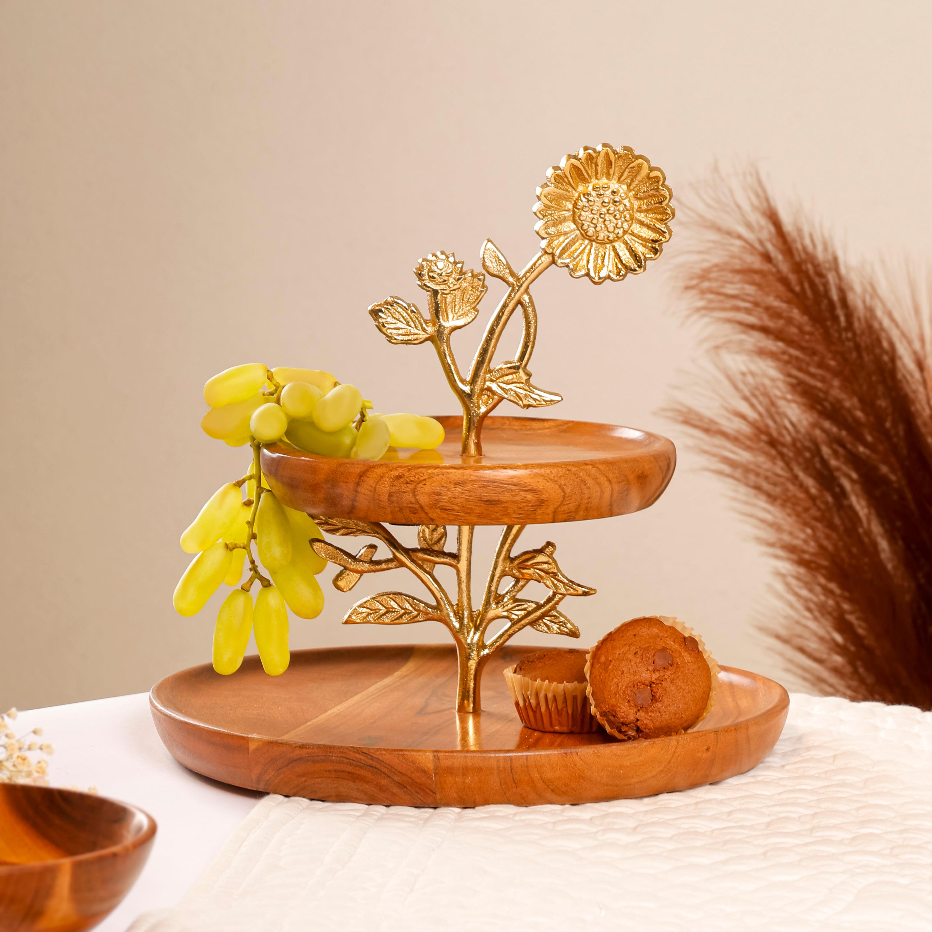 Sunflower 2-Tier Wooden Dessert Stand | Handcrafted Acacia Wood Cake & Serving Stand