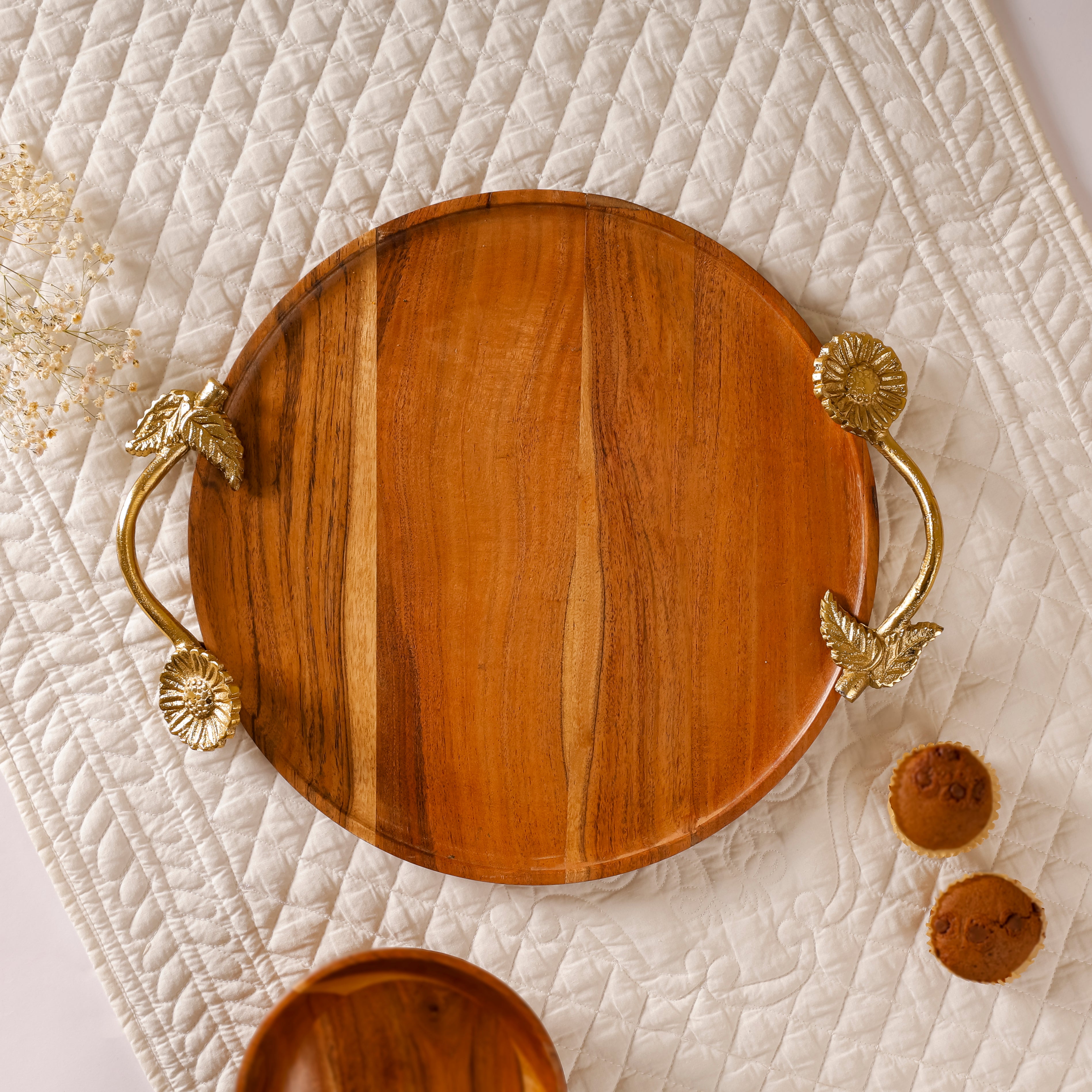 Sunflower Round Wooden Serving Tray with Brass Handles | Handcrafted Acacia Wood Table Décor