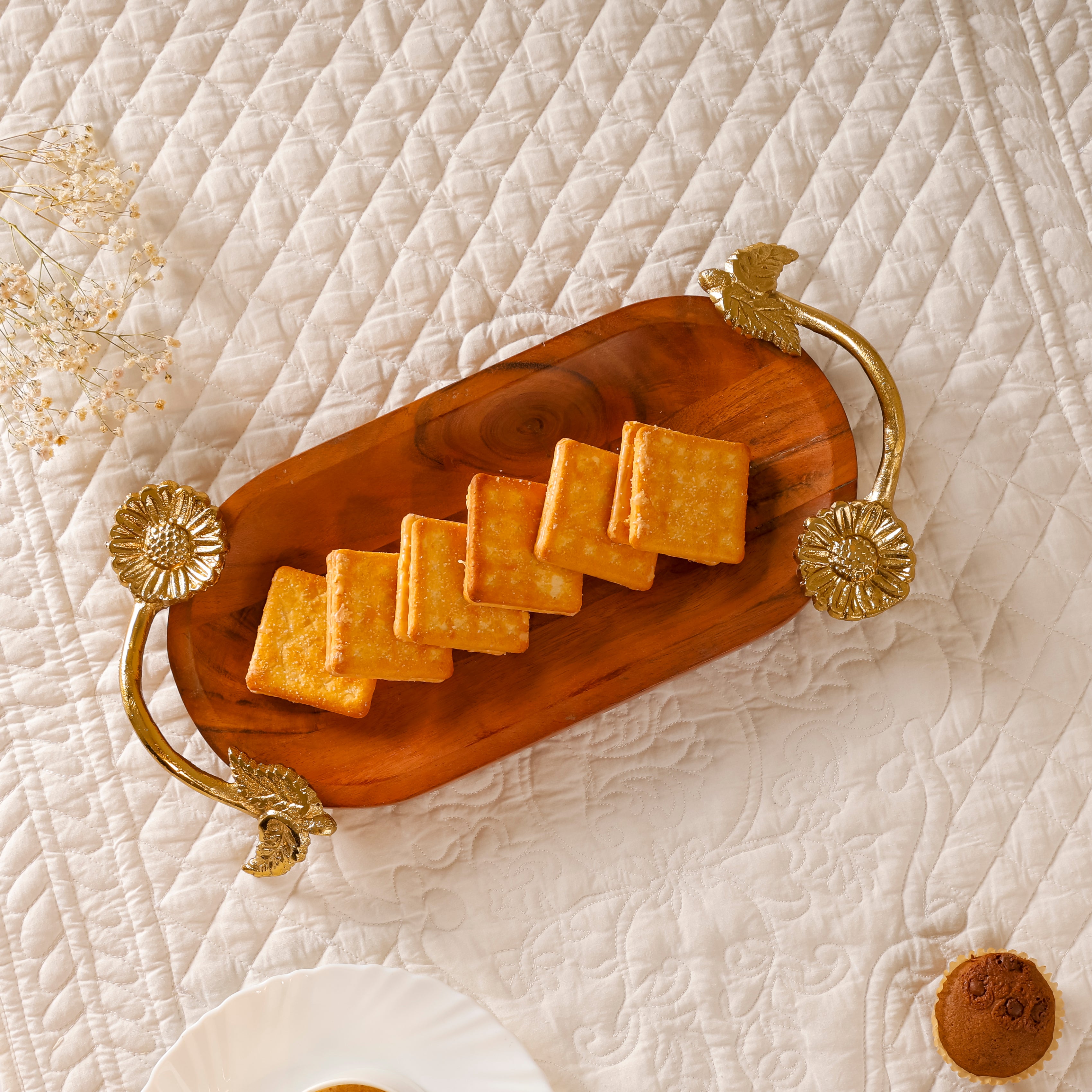 Sunflower Wooden Serving Tray with Brass Handles | Handcrafted Acacia Wood Table Décor