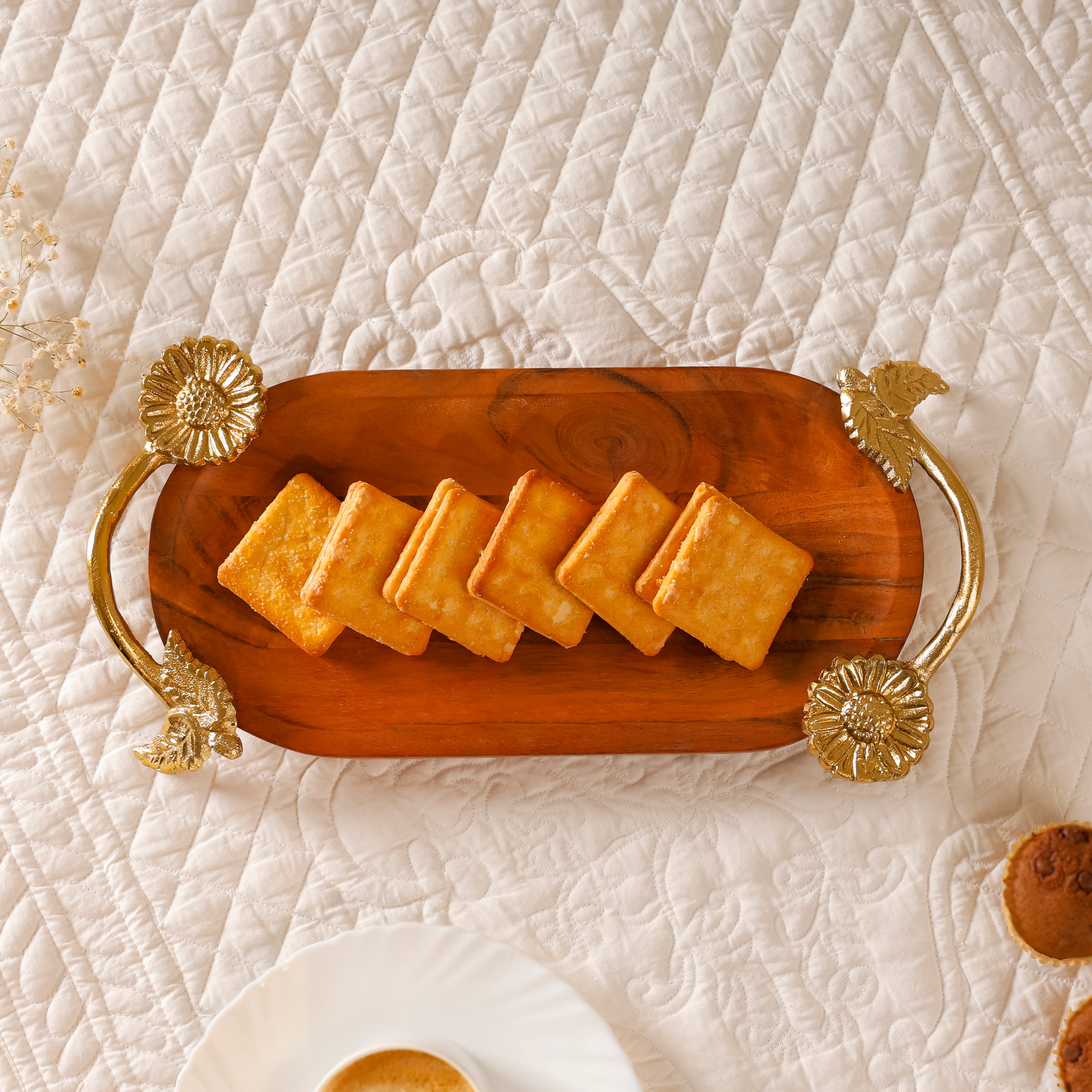 Sunflower Wooden Serving Tray with Brass Handles | Handcrafted Acacia Wood Table Décor