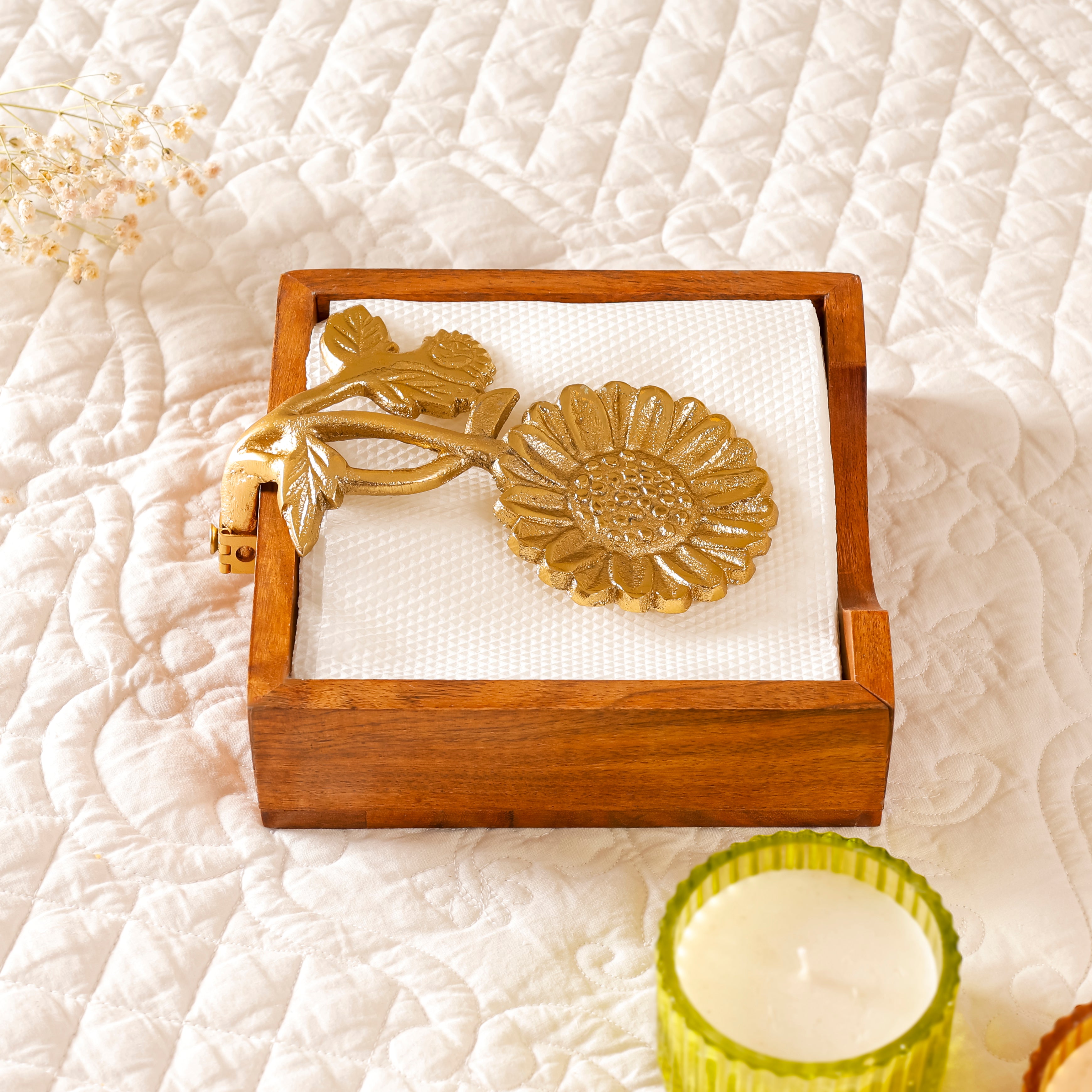 Sunflower Wooden Tissue Holder | Handcrafted Acacia Wood Napkin Box for Dining Table & Home Décor