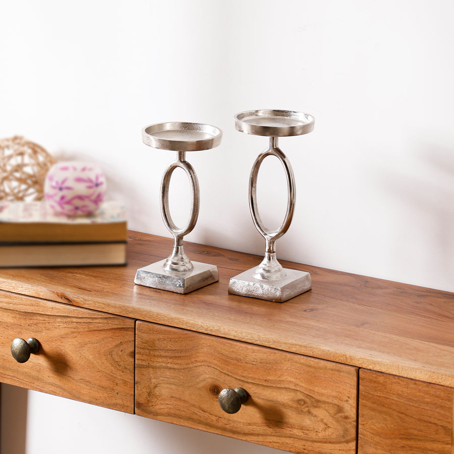 Silver Pillar Candle Holder Set of 2 for Tabletop, Dining Table