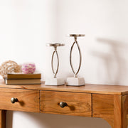 Silver Pillar Candle Holder Set of 2 with White Marble Base for Tabletop