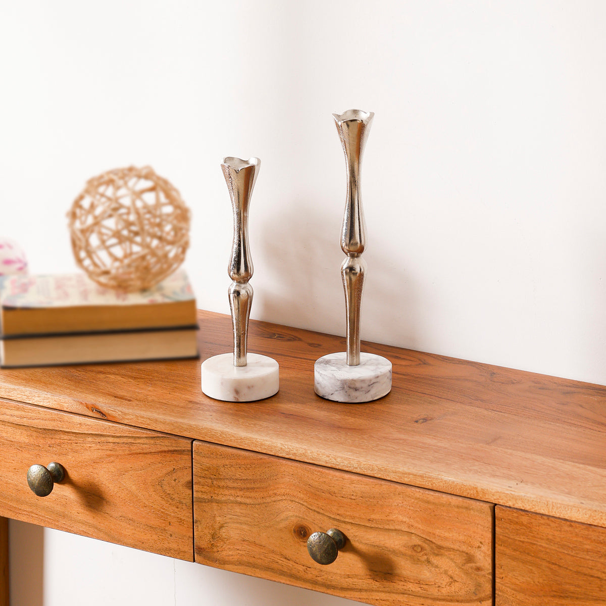 Silver Candle Holder Set of 2 with White Marble Base for Tabletop