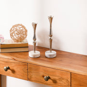 Silver Candle Holder Set of 2 with White Marble Base for Tabletop