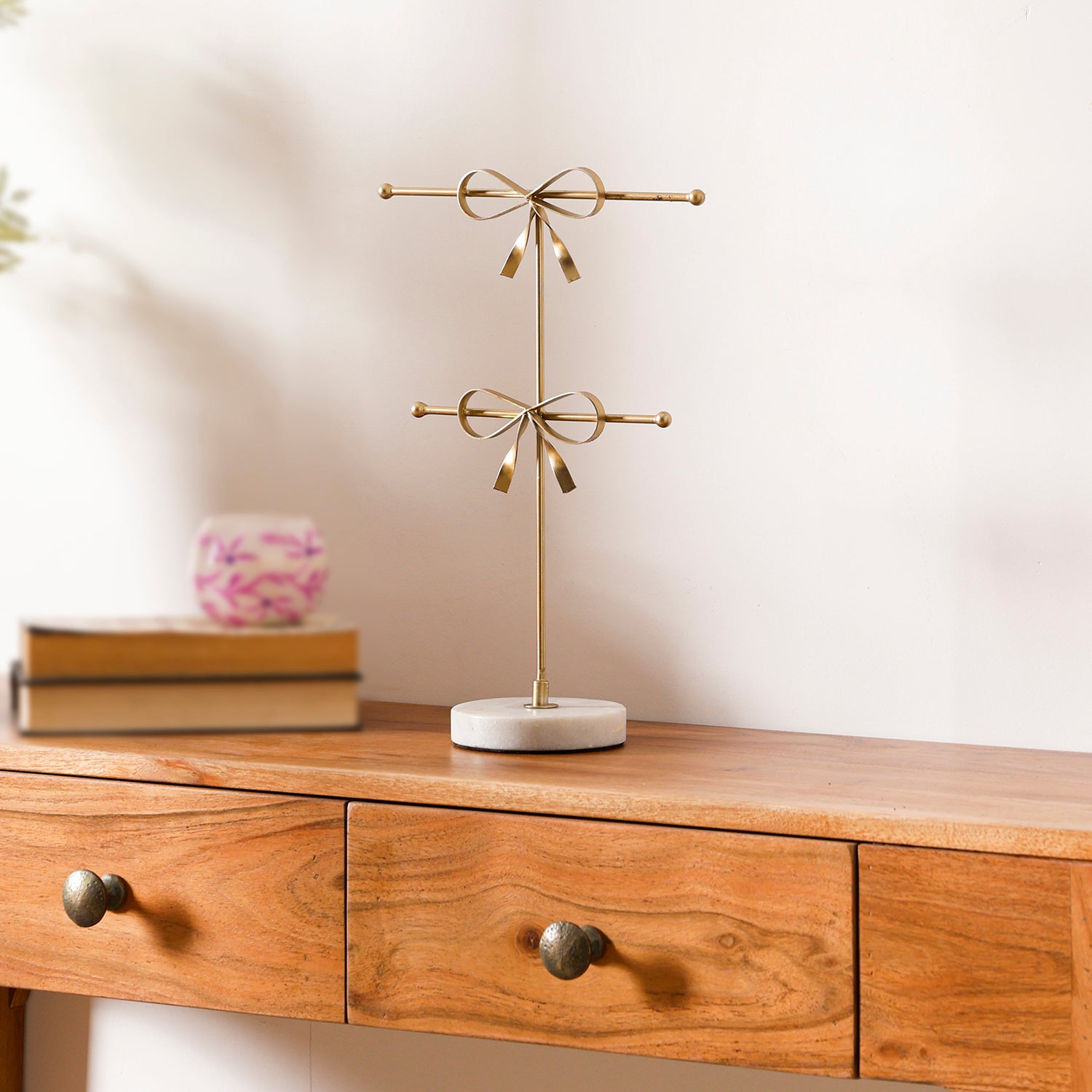 Gold Two-Tier Jewellery Stand with Bow Design & White Marble Base for Vanity