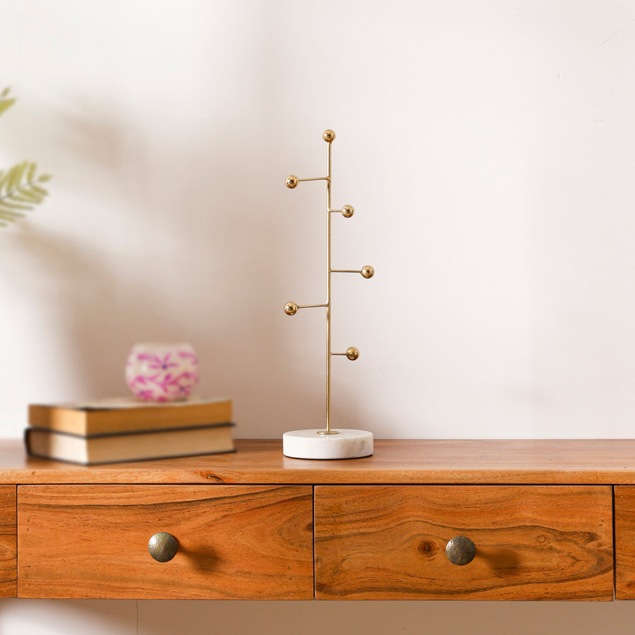 Gold Jewellery Stand with White Marble Base for Vanity