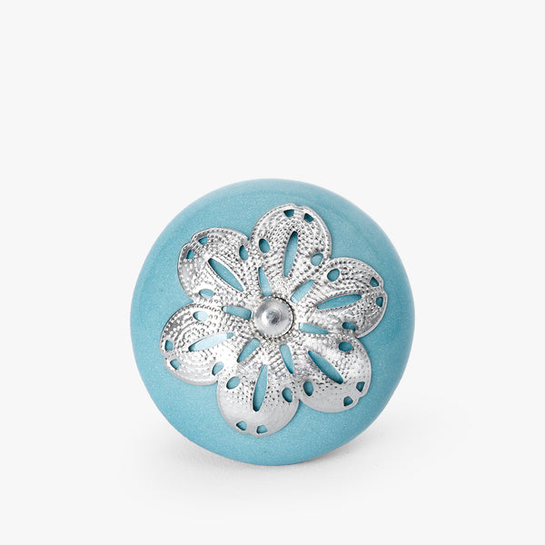 Turquoise Ceramic Knob with Metal Flower