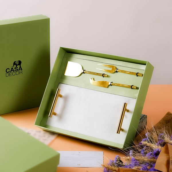 Luxury Marble Cheese Board Set with Gold-Plated Knives – 4-Piece Gift Box