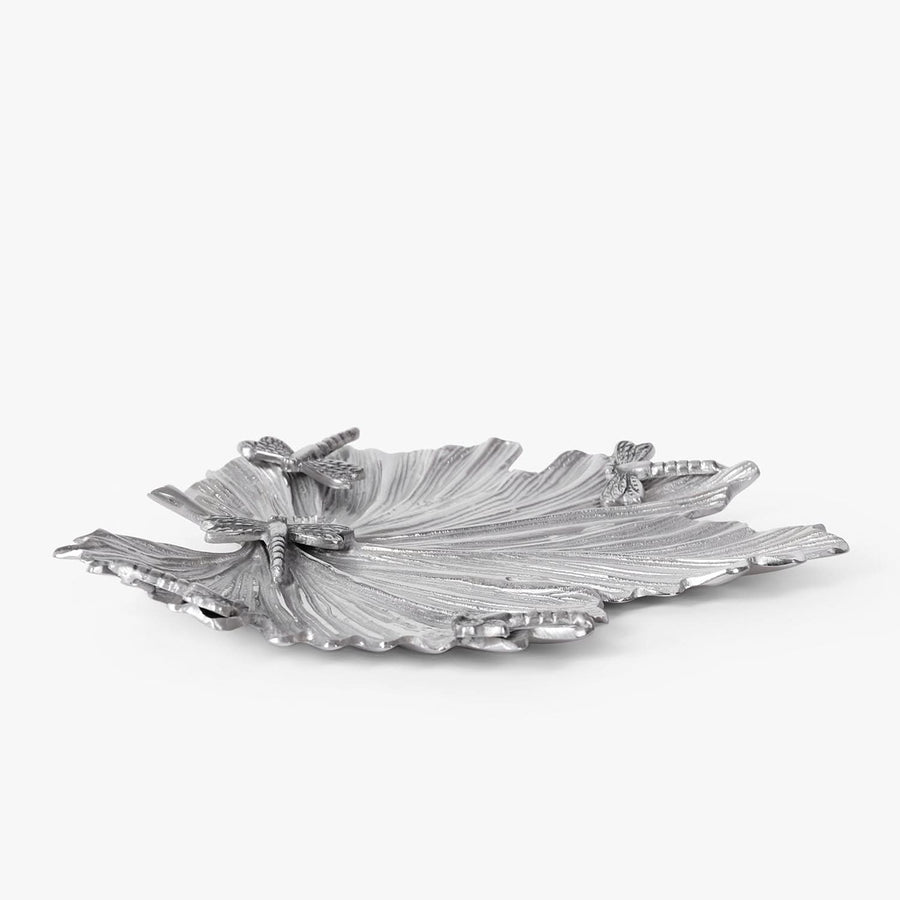 Silver Leaf Platter with Dragonfly Detail | Decorative Metal Serving Plate & Table Accent