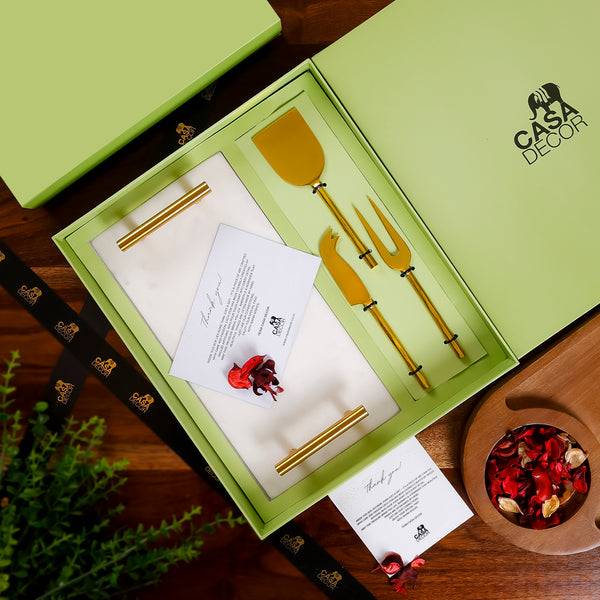 Luxury Marble Cheese Board Set with Gold-Plated Knives – 4-Piece Gift Box