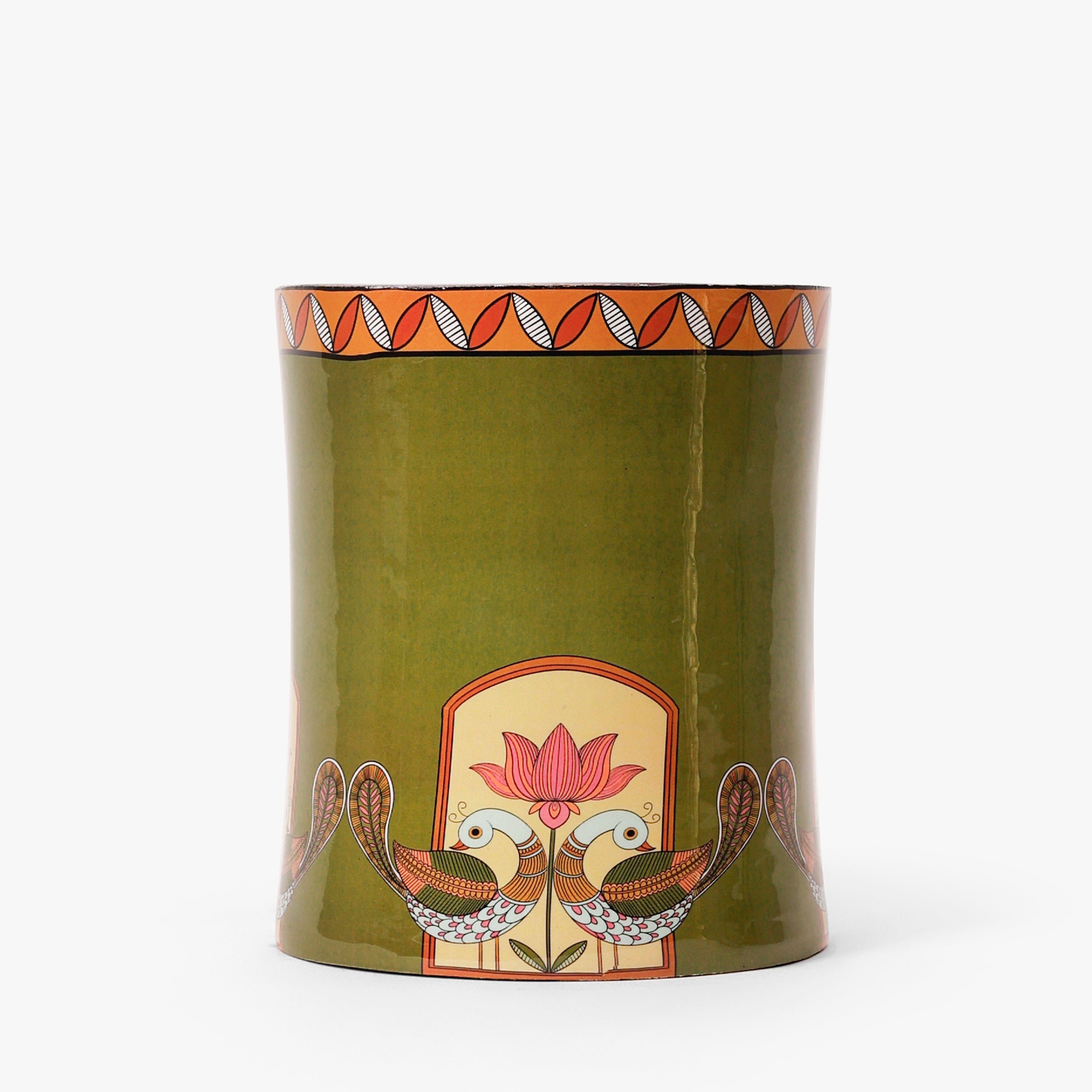 Green Kalamkari Wooden Utility Holder with Lotus & Peacock Motif