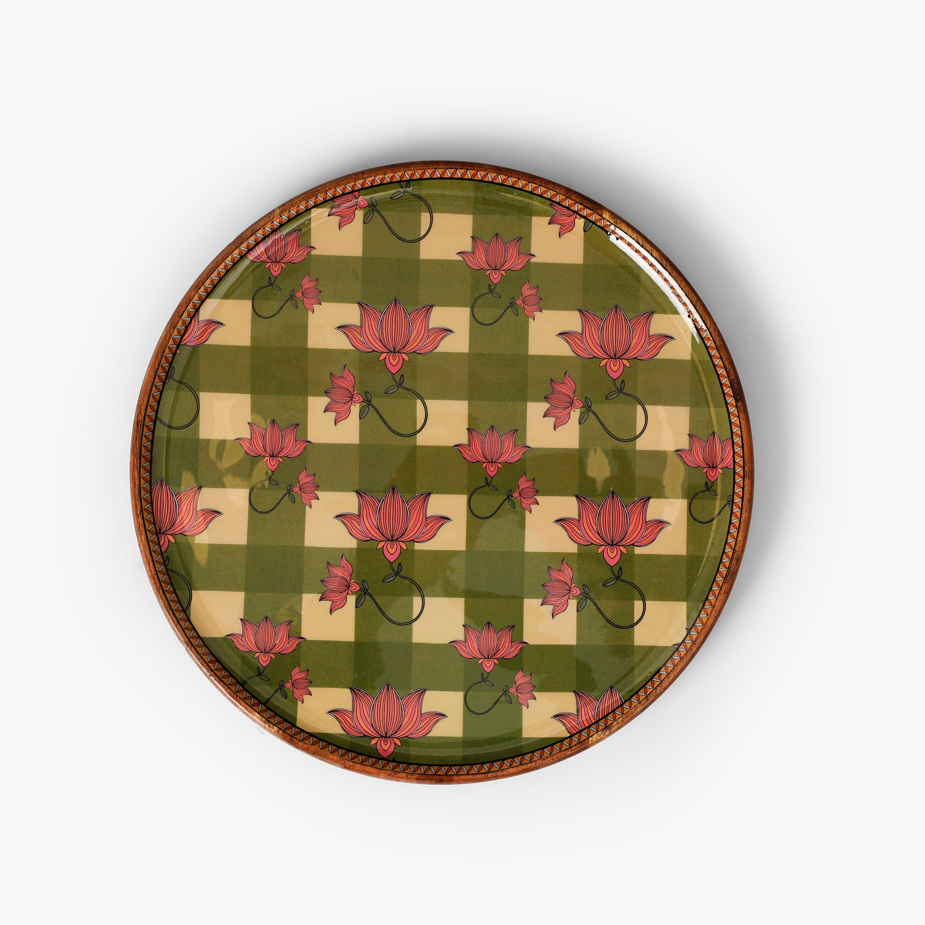 Green Lotus Checkered Wooden Serving Tray