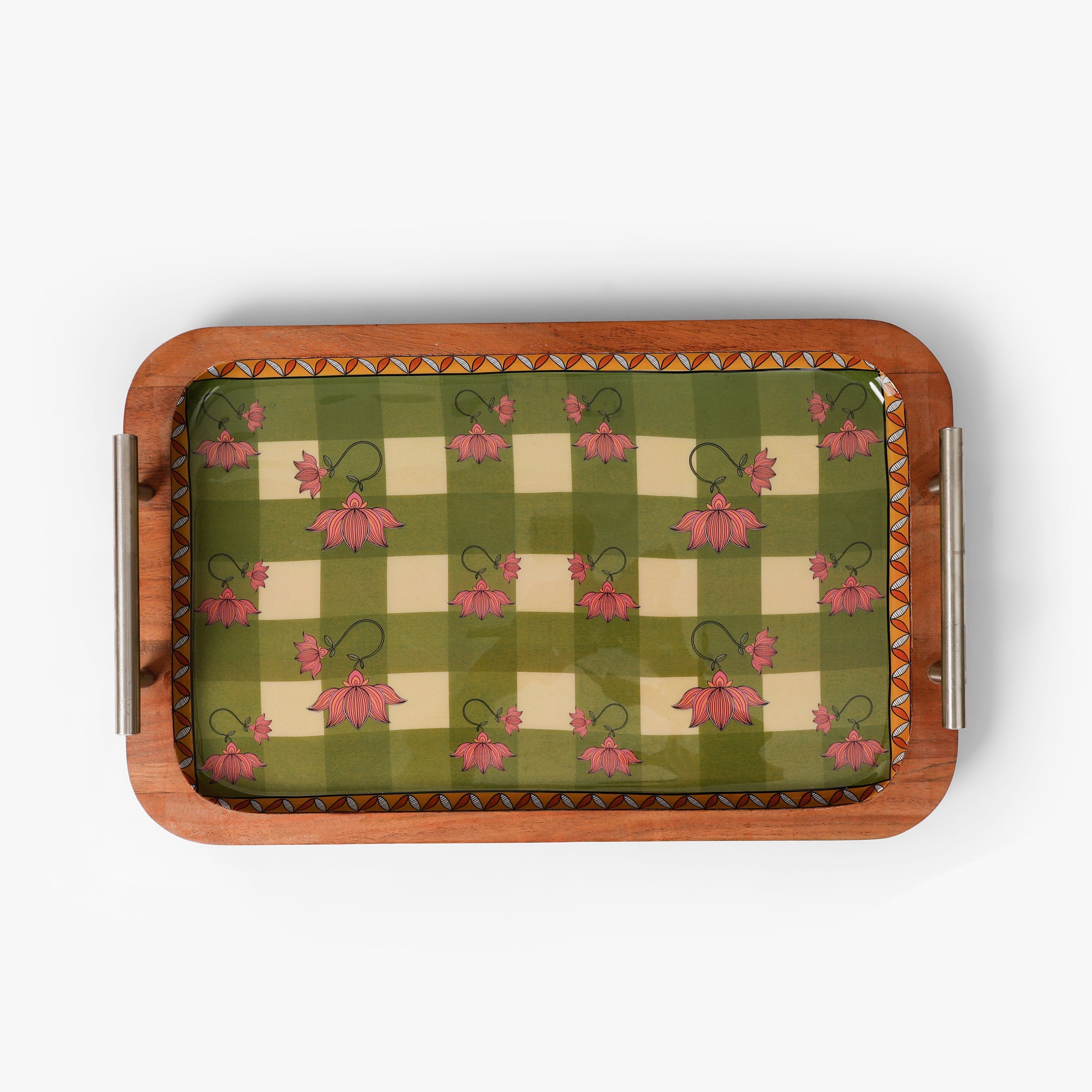 Lotus Checkered Wooden Serving Tray with Metal Handles