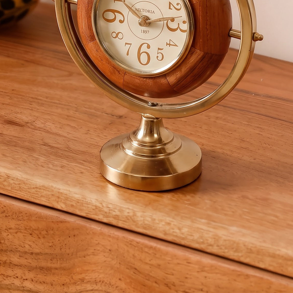 Vintage Brass & Wooden Decorative Table Clock for Desk