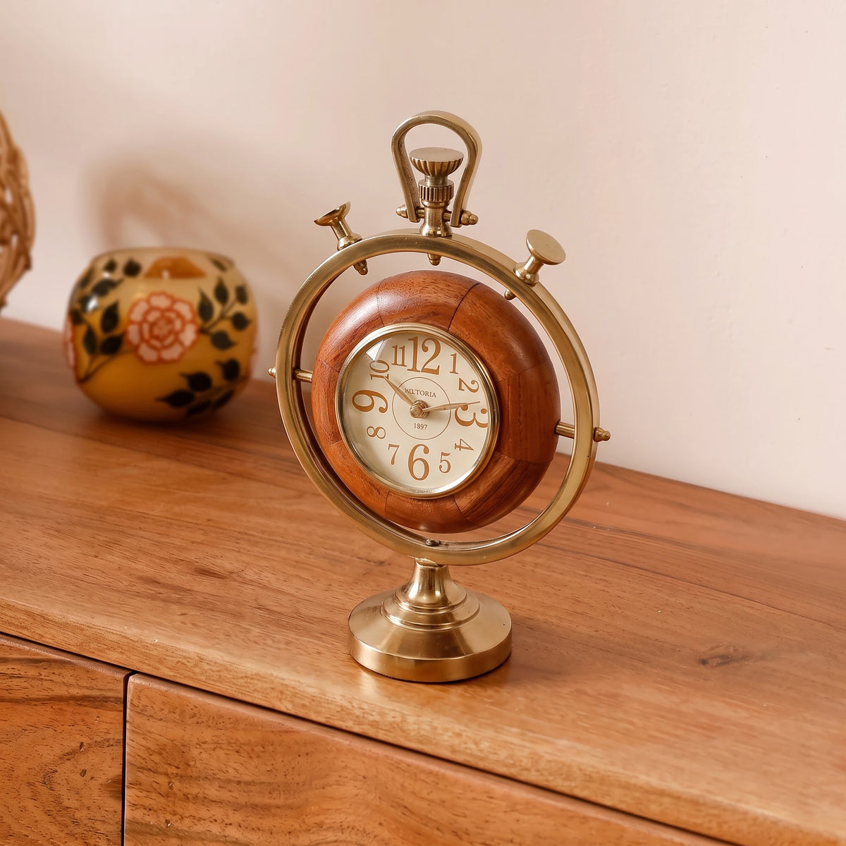 Vintage Brass & Wooden Decorative Table Clock for Desk