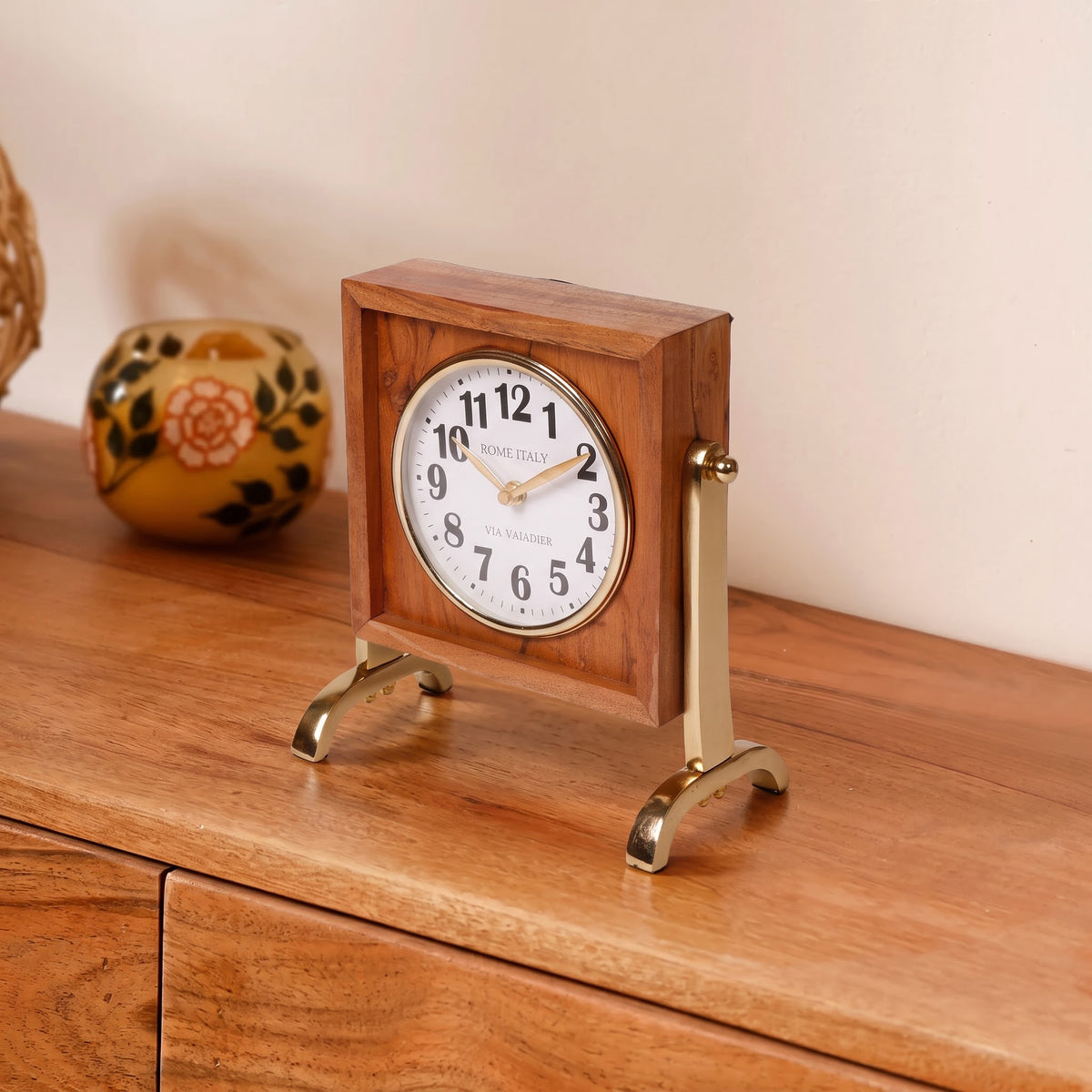 Wooden & Brass Vintage Table Clock for Desk Décor