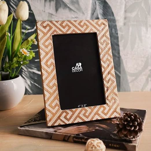 Geometric Inlay 4x6 Table Photo Frame | Neutral Desk & Shelf Decor