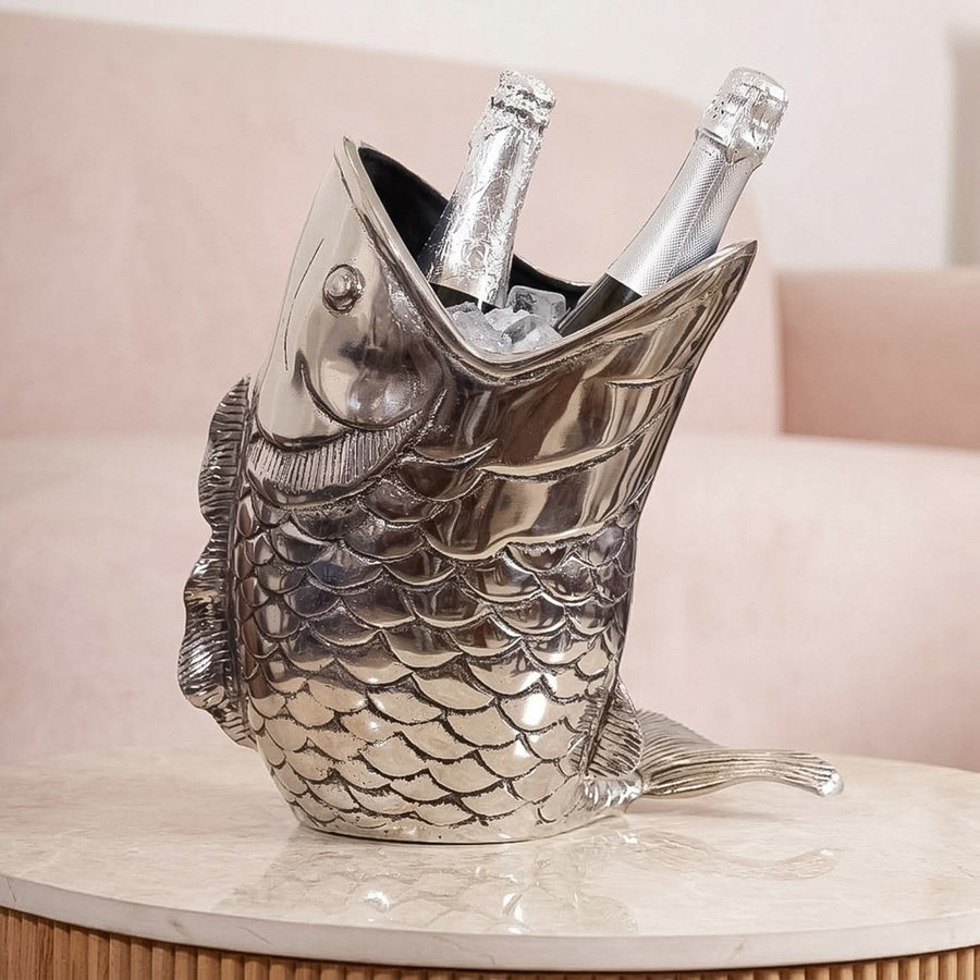 Silver Fish Wine Bottle Chiller & Ice Bucket | Decorative Bar Decor Accent