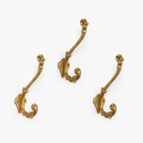 Shabby Chic Cast Iron Decorative Wall Hooks – Set of 3 Iron / Gold with Black