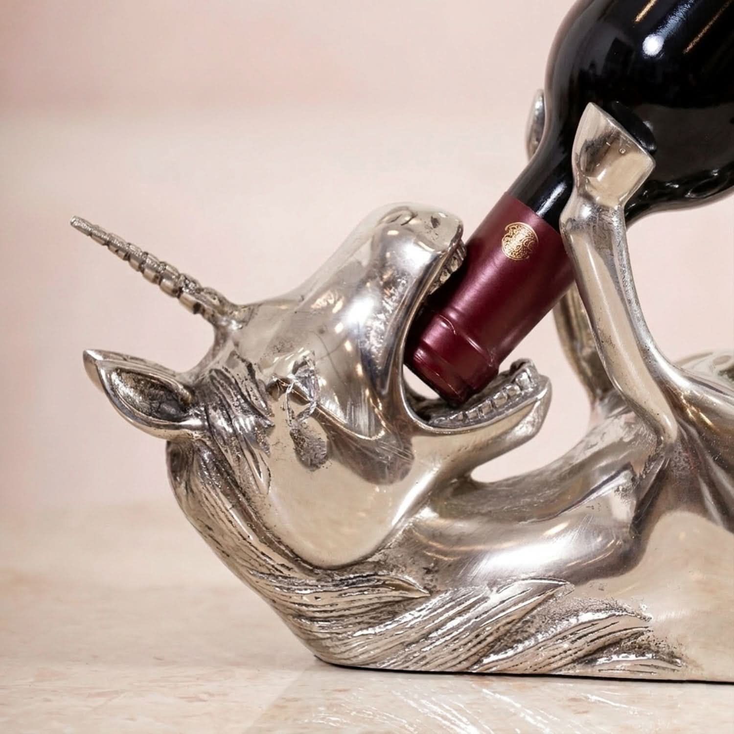 Silver Unicorn Wine Bottle Holder | Decorative Wine Rack & Bar Decor Accent
